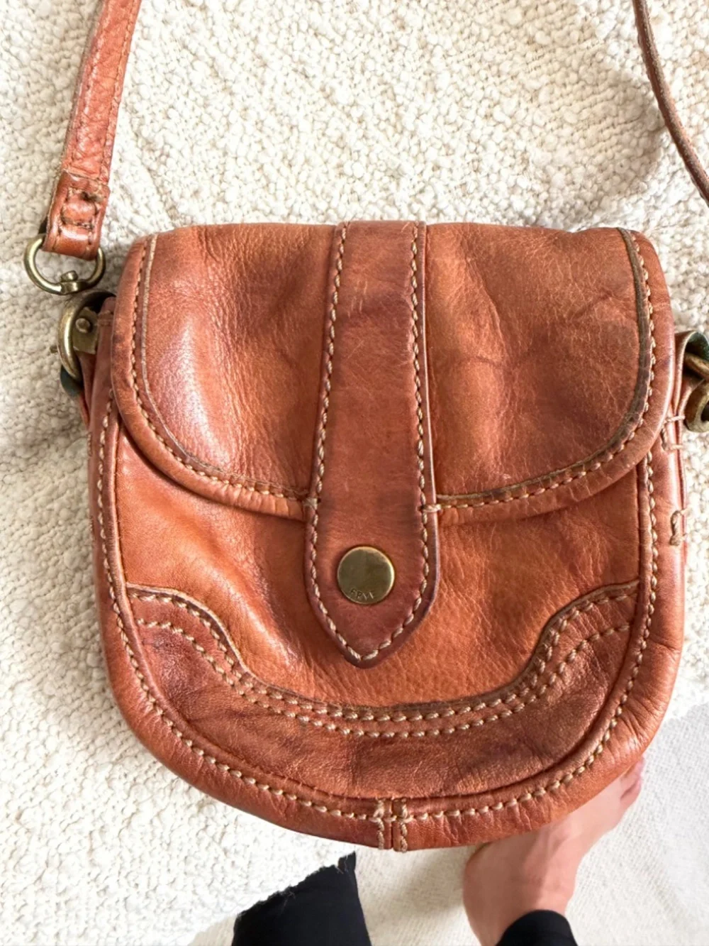Vintage FRYE Cognac Distressed Leather Crossbody Saddle Bag